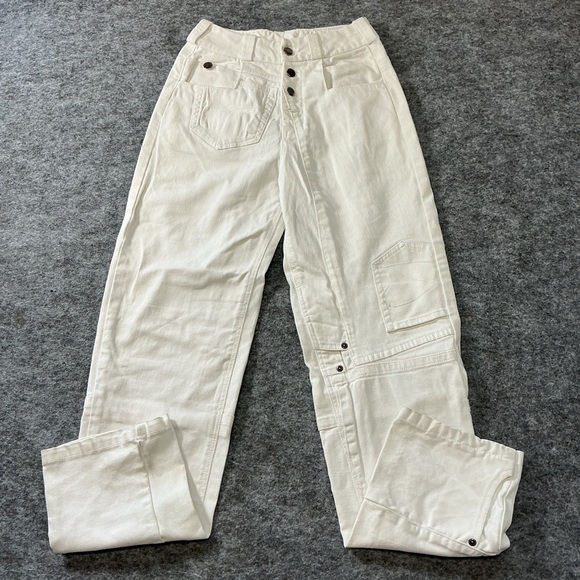Handcrafted Hargan Denim Cream Utility Cargo Jeans Designer Boutique Button Fly